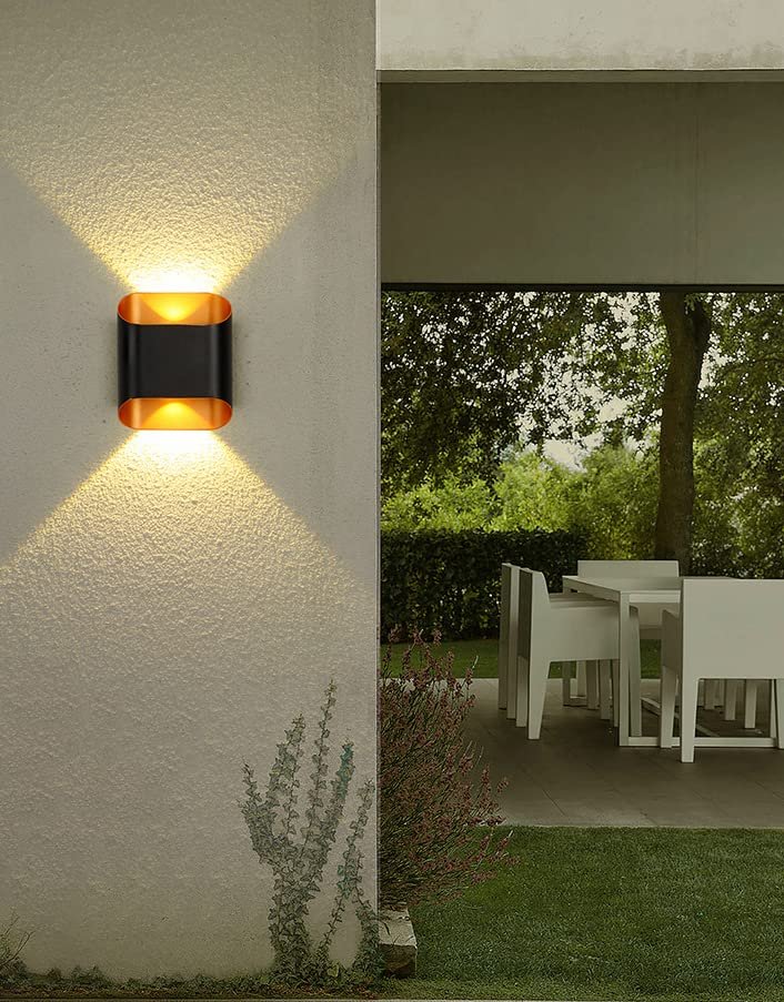 2 LED Outdoor Black Gold Wall Gate Lamp Up and Down Wall Light Waterproof (Warm White)